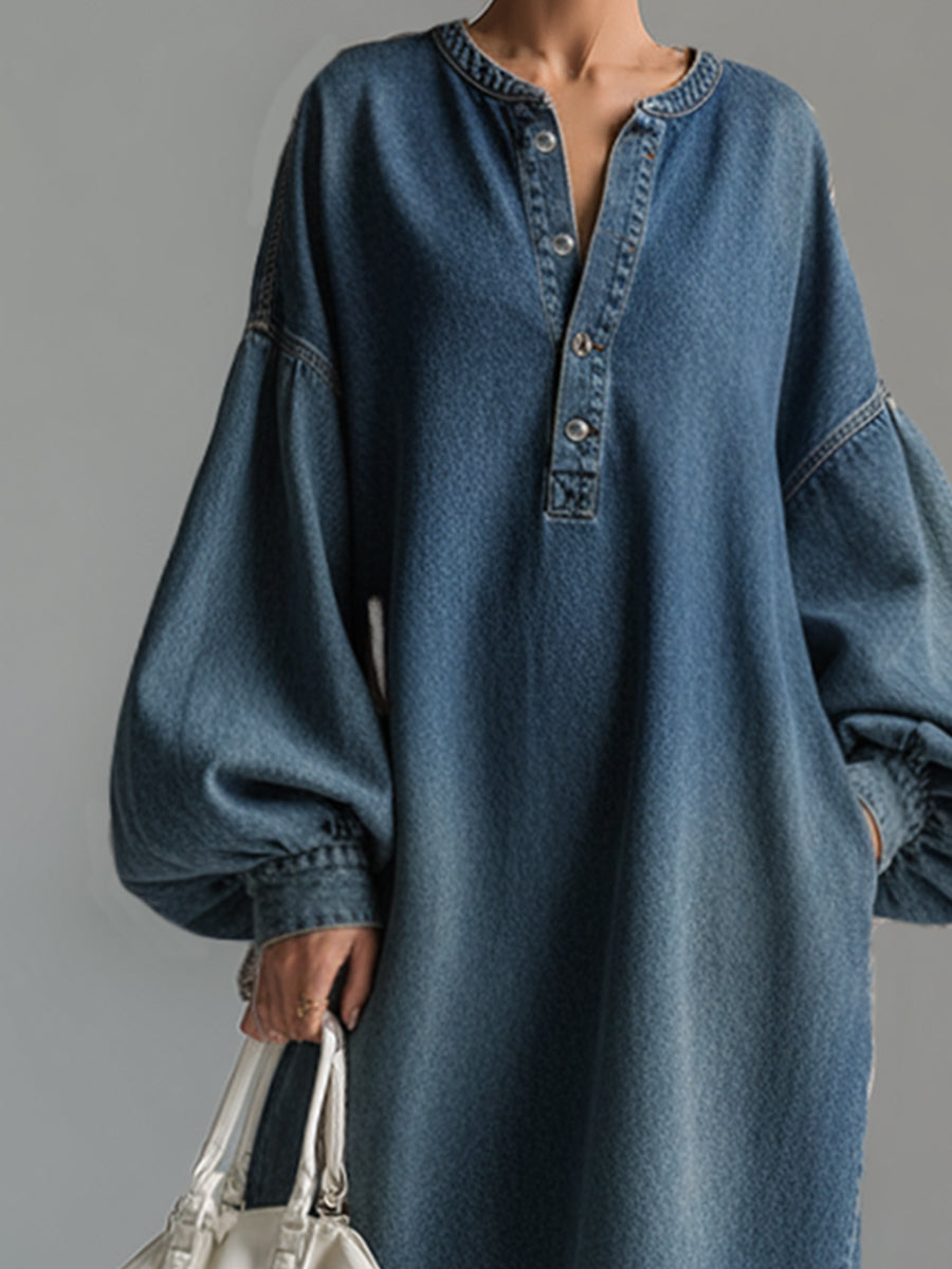 Elegant Urban-style Blue Denim Button-down Maxi Dress - Samberule
