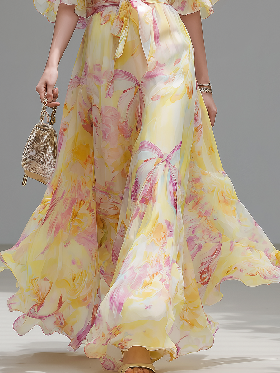 Elegant And Comfortable V-neck Ruffled Short-sleeved Long Dress - Samberule