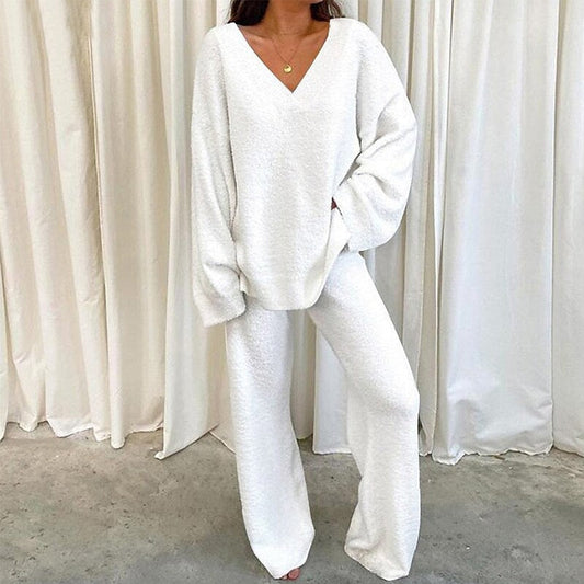Comfortable Solid Color V-neck Daily Two-piece Set