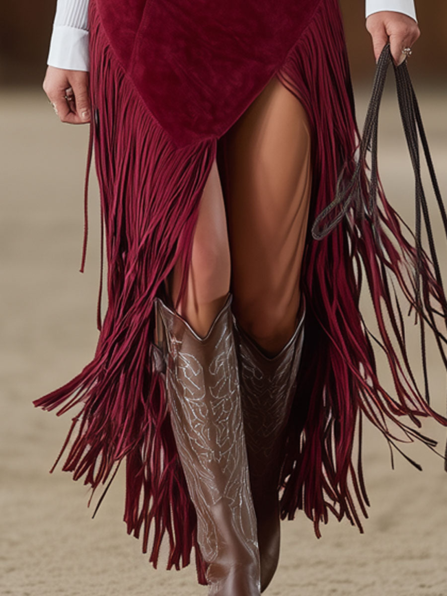 Western Retro Red Faux Suede Slit Fringe Midi Skirt - Samberule
