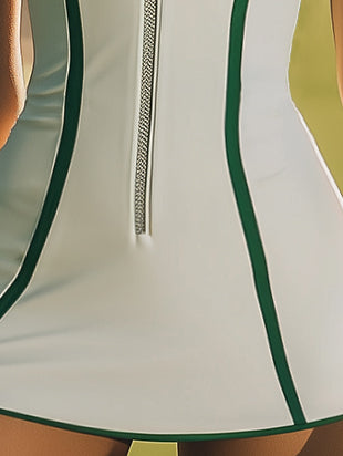 【24-hour shipping out】White And Green Contrast Sleeveless Zip-Up Sporty Chic Mini Dress - Samberule