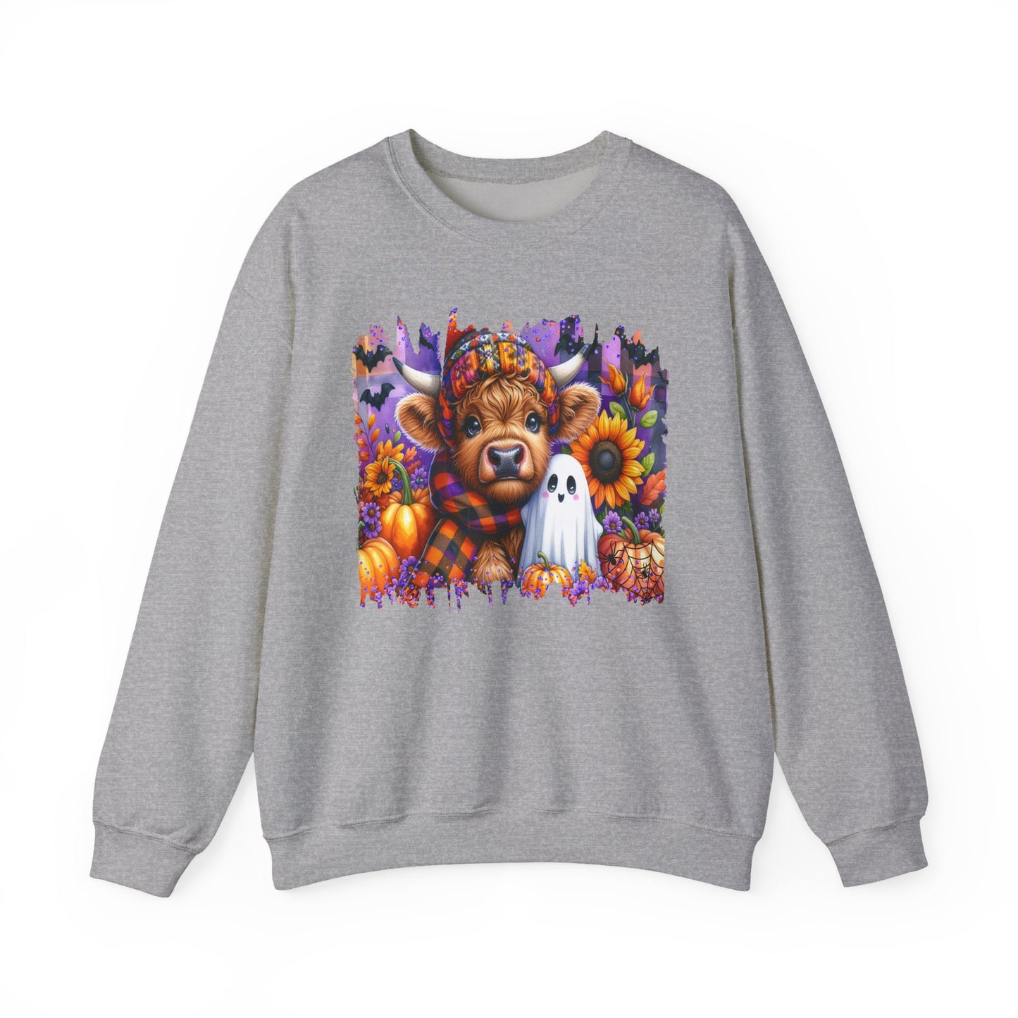 Fall Highland Cow Ghost Halloween Crewneck Sweatshirt - Samberule