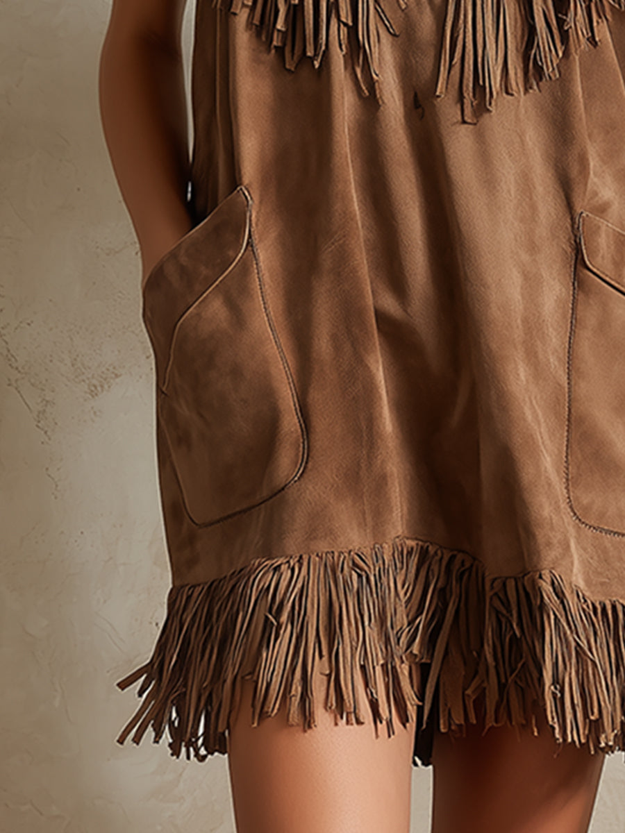 Stylish Western-style Light Brown Faux Suede Fringed Sleeveless Mini Dress - Samberule