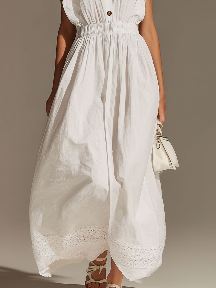 Elegant Vintage-style Embroidered White Sleeveless Cotton-blend Maxi Dress - Samberule