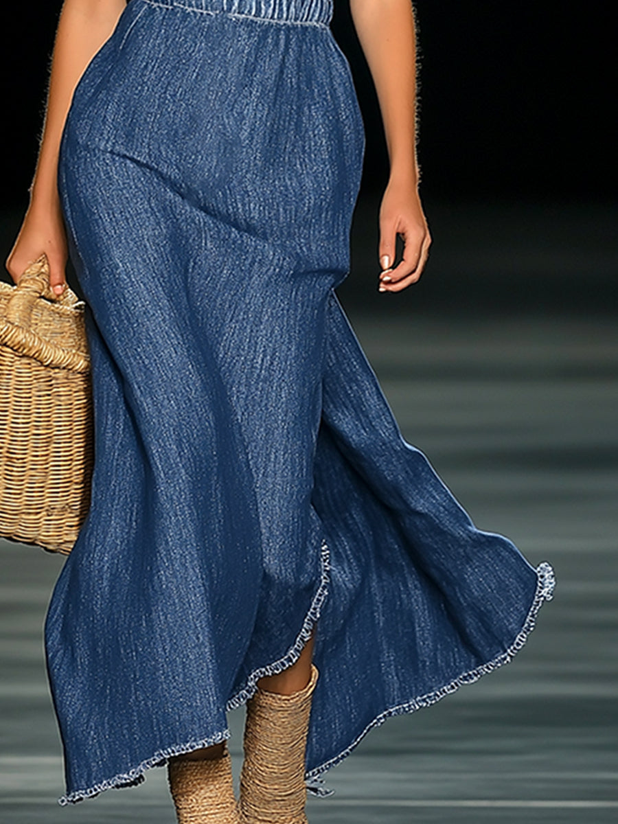 Elegant Strapless Denim 3D Floral Maxi Dress