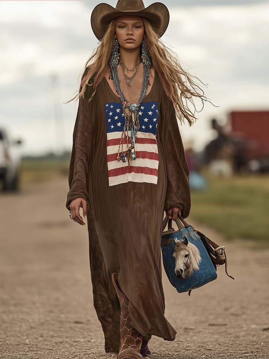 Vintage Casual Western Long Sleeve Flag Print Pink Cotton Loose Maxi Dress - Samberule