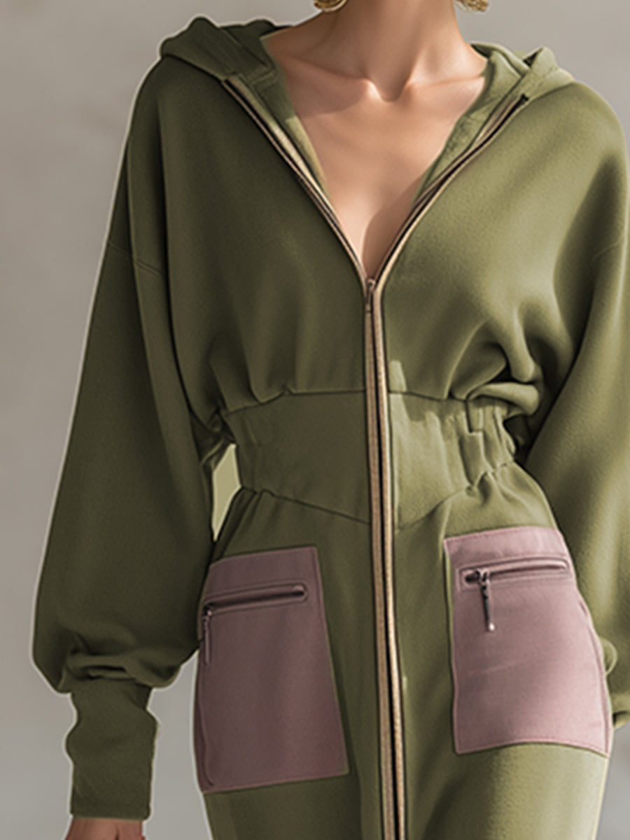 Elegant Olive Green Hooded Narrow Waist Zip-up Sweatshirt Long Sleeve Maxi Dress - Samberule