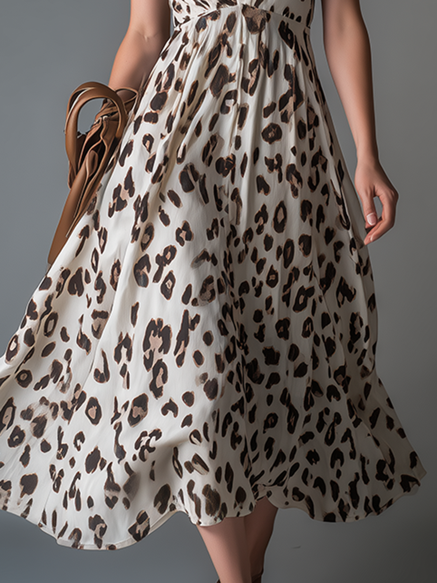 Retro-chic V-neck Sleeveless Leopard Print Chiffon Midi Dress - Samberule