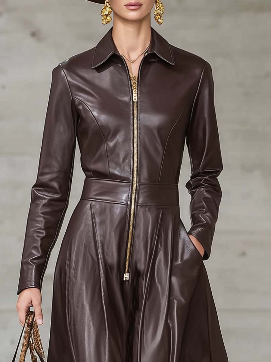 Exquisite Temperament Front Zipper Long Sleeve High-quality Brown Leather Maxi Dress - Samberule