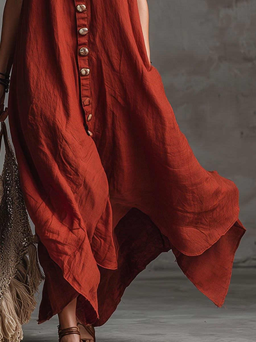 Vintage And Charming Red Cotton And Linen Sleeveless Maxi Dress - Samberule