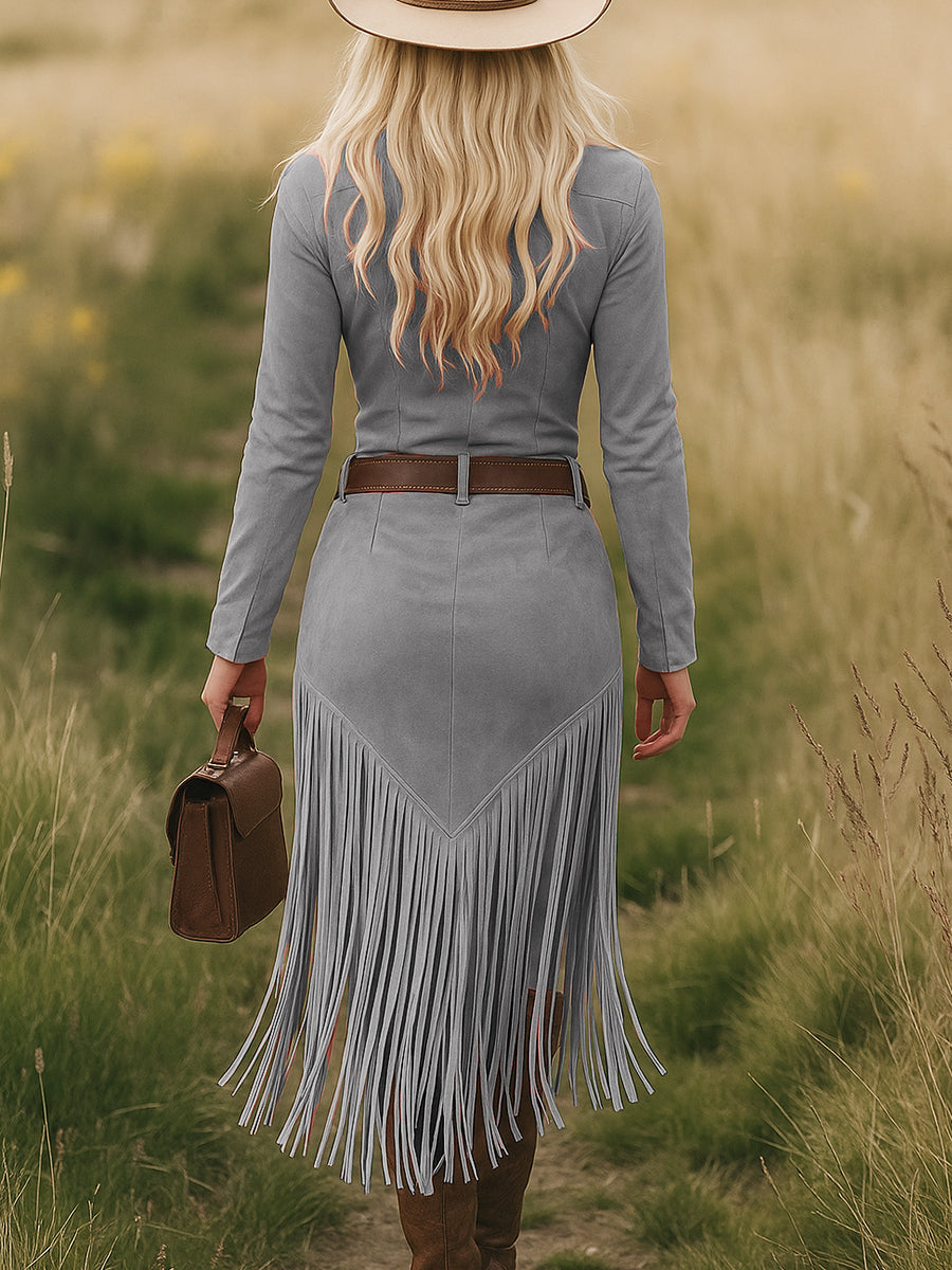 Retro Western Lapel Zipper Long Sleeve Tassel Midi Dress - Samberule