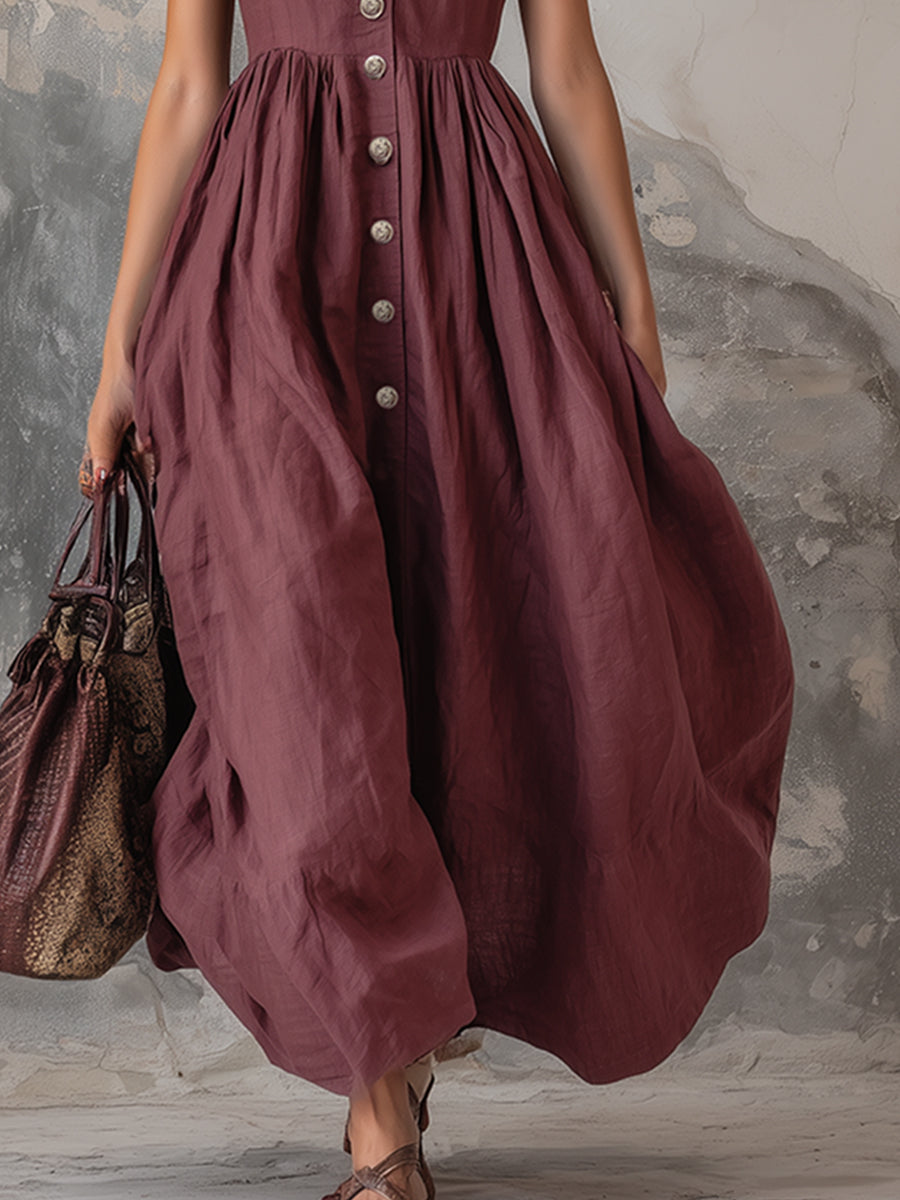 Elegant Zinfandel-colored Cotton And Linen Sleeveless Maxi Dress - Samberule