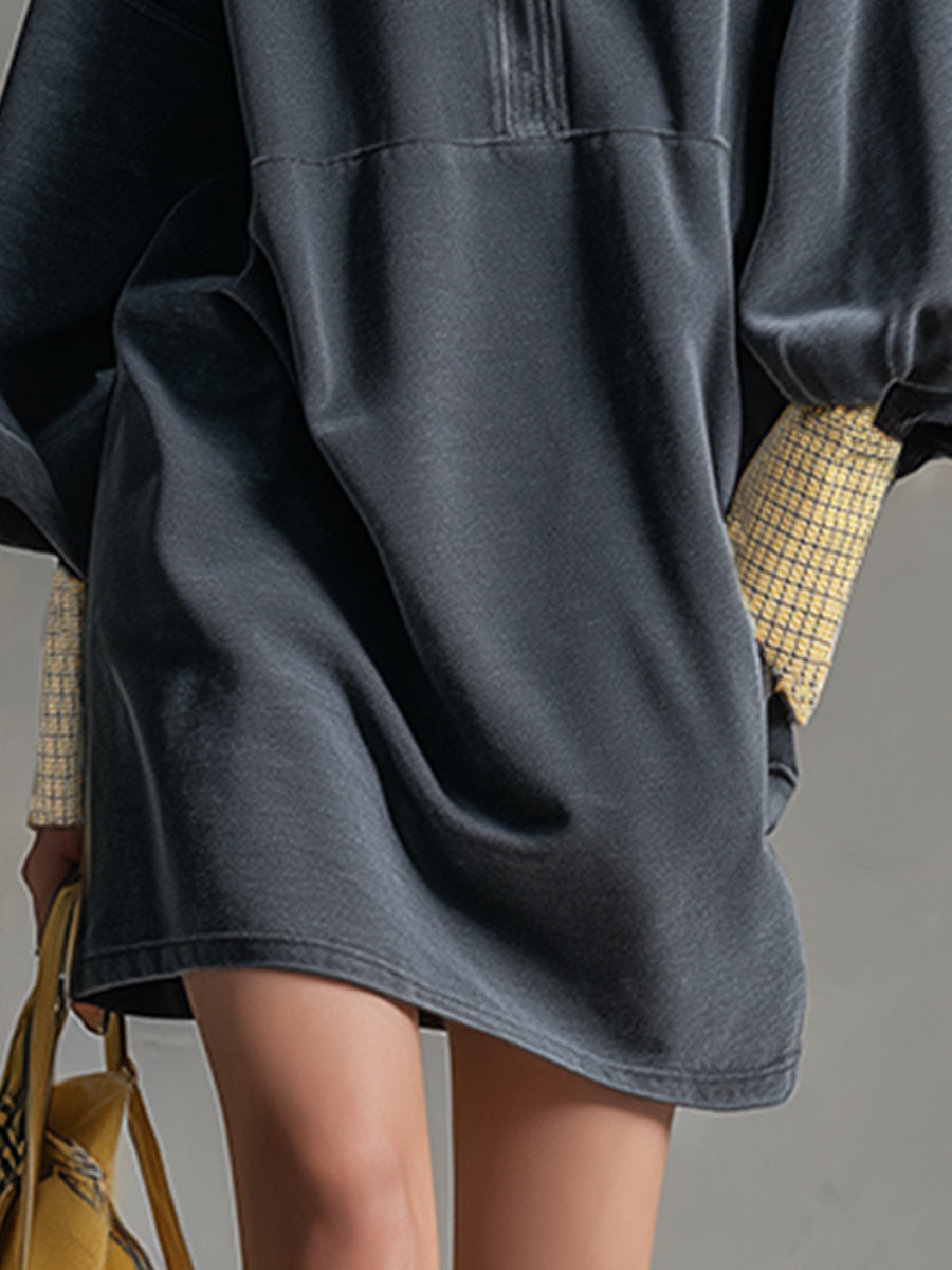 Casual Sporty Plaid Trim Gray Washed Cotton Sweatshirt Mini Dress - Samberule