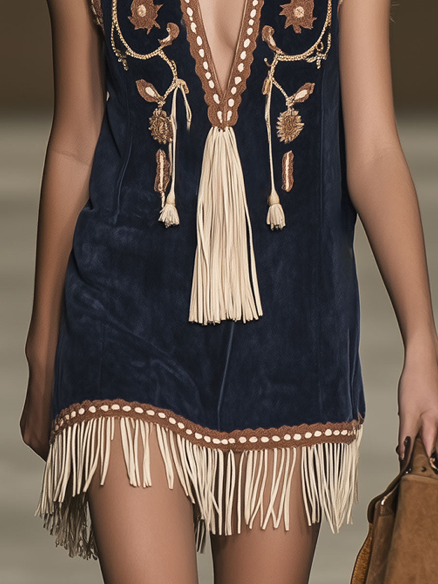 Western Retro Faux Suede Bohemian Style Embroidered Tassel Sleeveless Mini Dress - Samberule