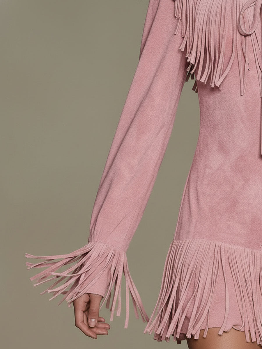 Western Retro Pink Faux Suede Tassel Long-Sleeved Mini Dress - Samberule