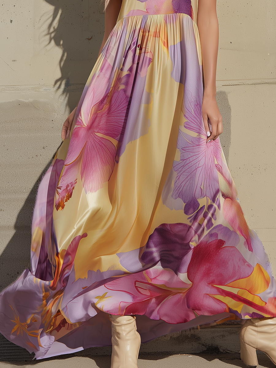 Romantic Bohemian Watercolor Print Matte Satin Sleeveless Maxi Dress - Samberule