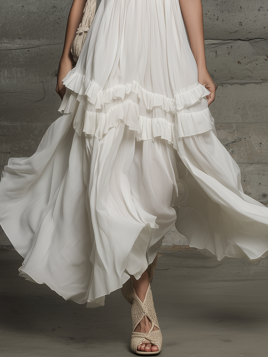 Elegant Vacation Stand-collar Sleeveless Ruffled Chiffon Midi Dress - Samberule