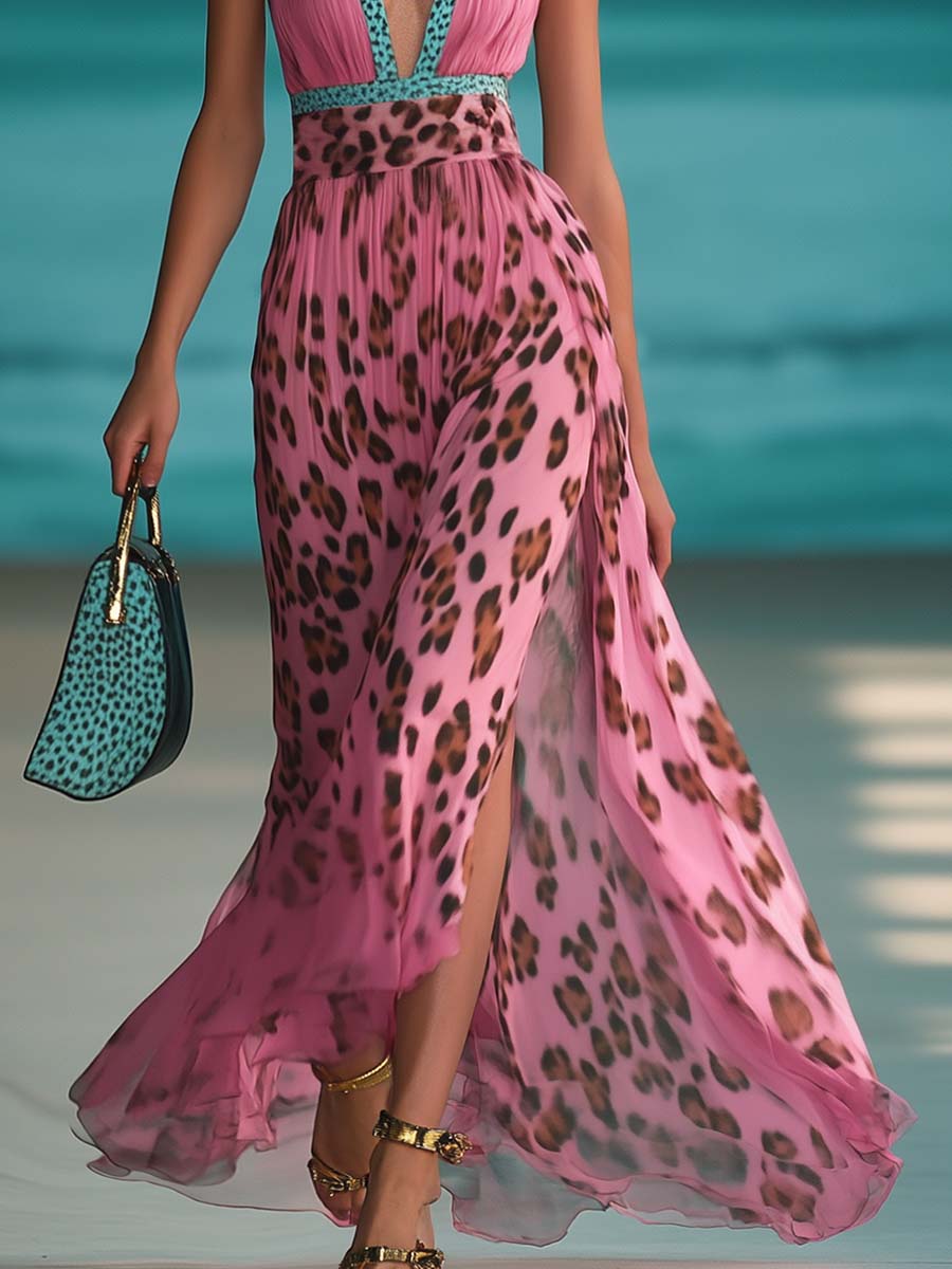 【24-hour shipping out】Retro Fashion Contrast Color V-Neck Leopard Print Pink Chiffon Slit Maxi Dress - Samberule
