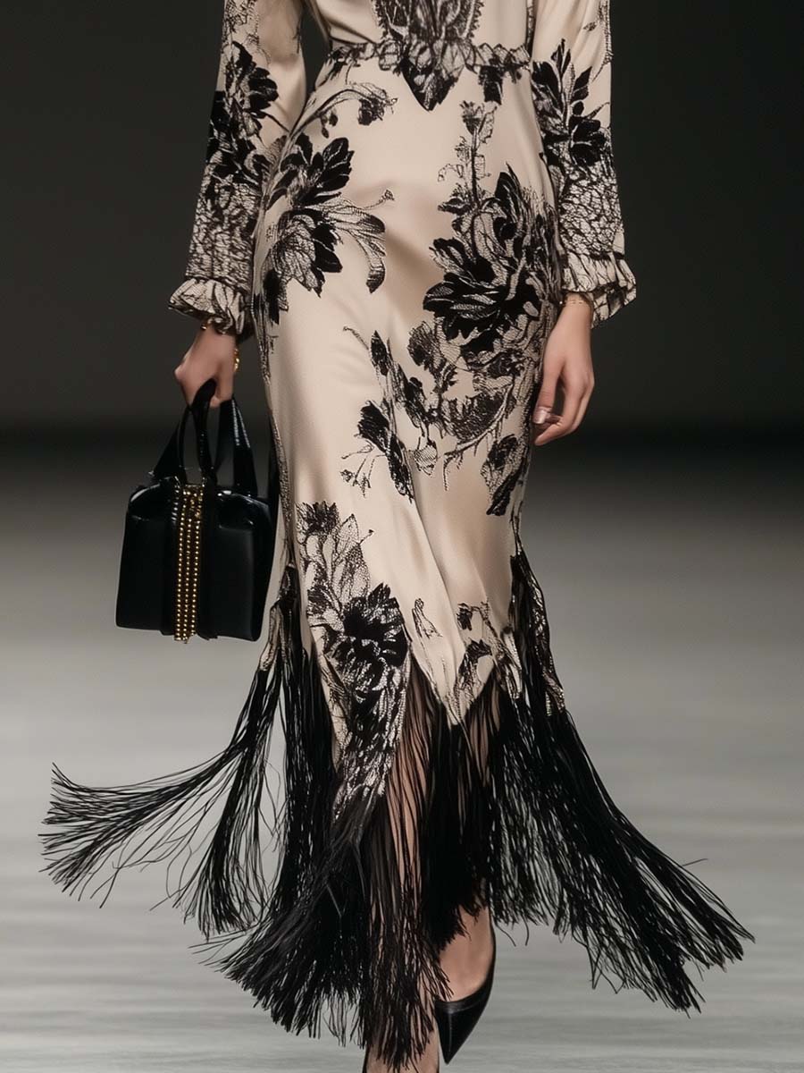 Elegant Bohemian Style V-neck Tassel Floral Print Beige Satin Maxi Dress - Samberule