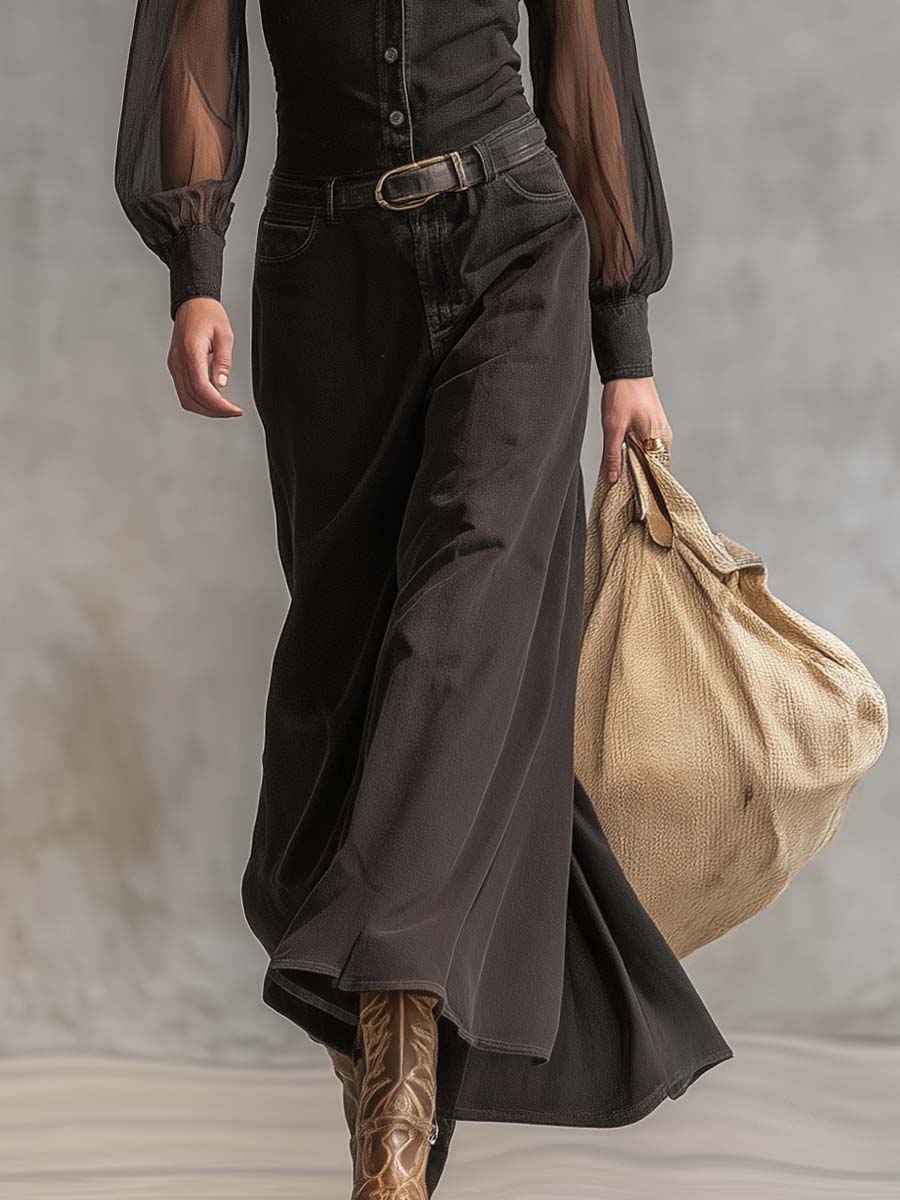 Vintage Western Front Button V-Neck Transparent Long Sleeve Black Denim Maxi Dress - Samberule
