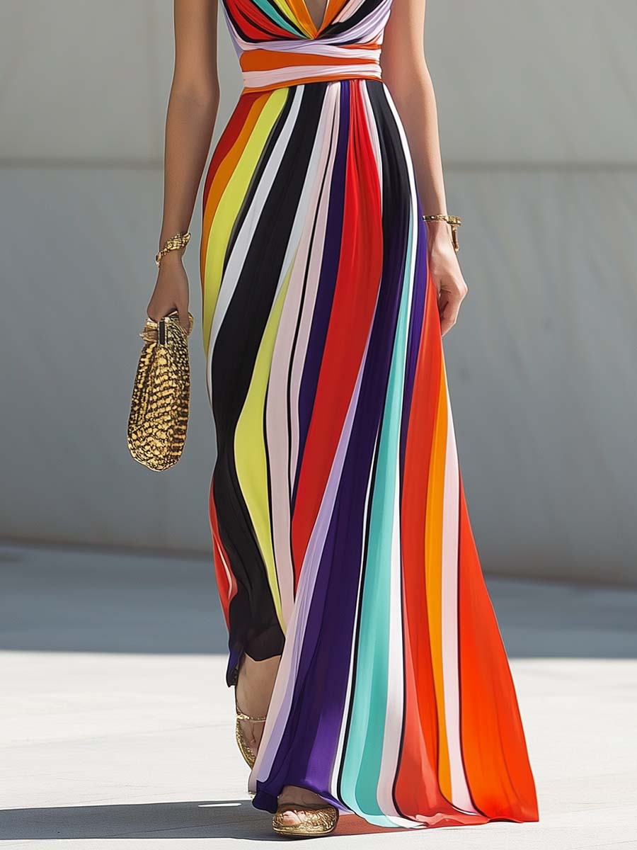 【24-hour shipping out】Elegant Flowing V-neck Rainbow Stripe Print Chiffon Maxi Dress - Samberule