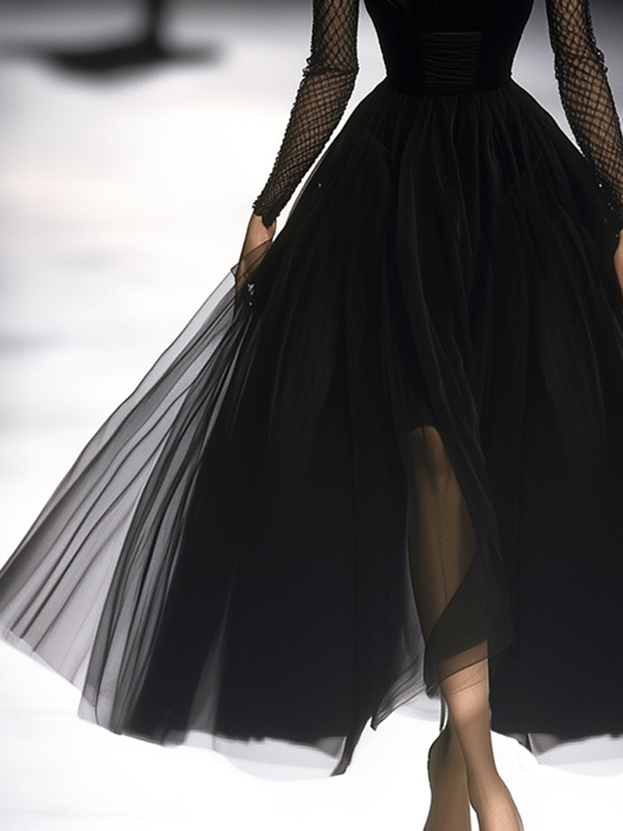 Retro Classic French Black Gauze Maxi Dress - Samberule