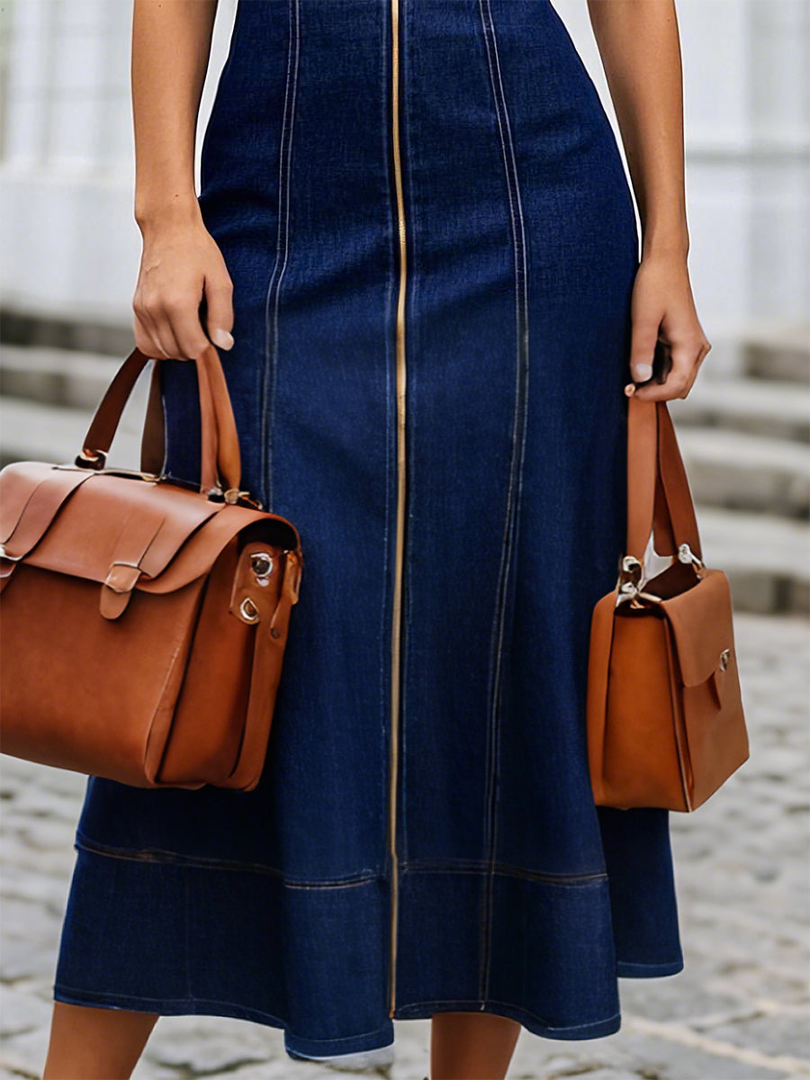 【24-hour shipping out】Casual Loose Fit Crew Neck Front Zipper Dark Blue Denim Maxi Dress - Samberule