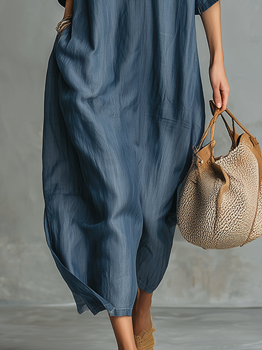 Retro Blue Tencel Denim Short-sleeved Maxi Dress - Samberule