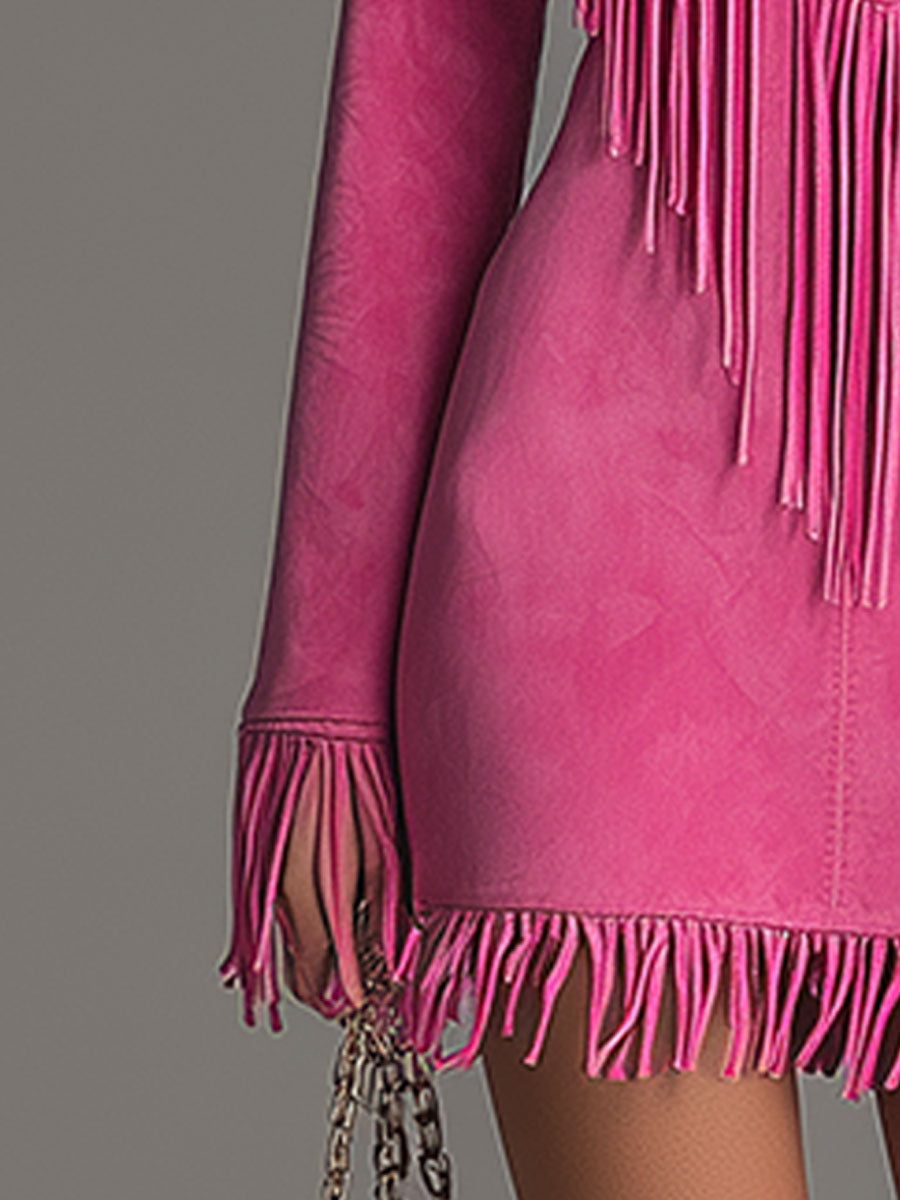 Western-style Retro Embroidered Tassel Pink Faux Suede Mini Dress - Samberule