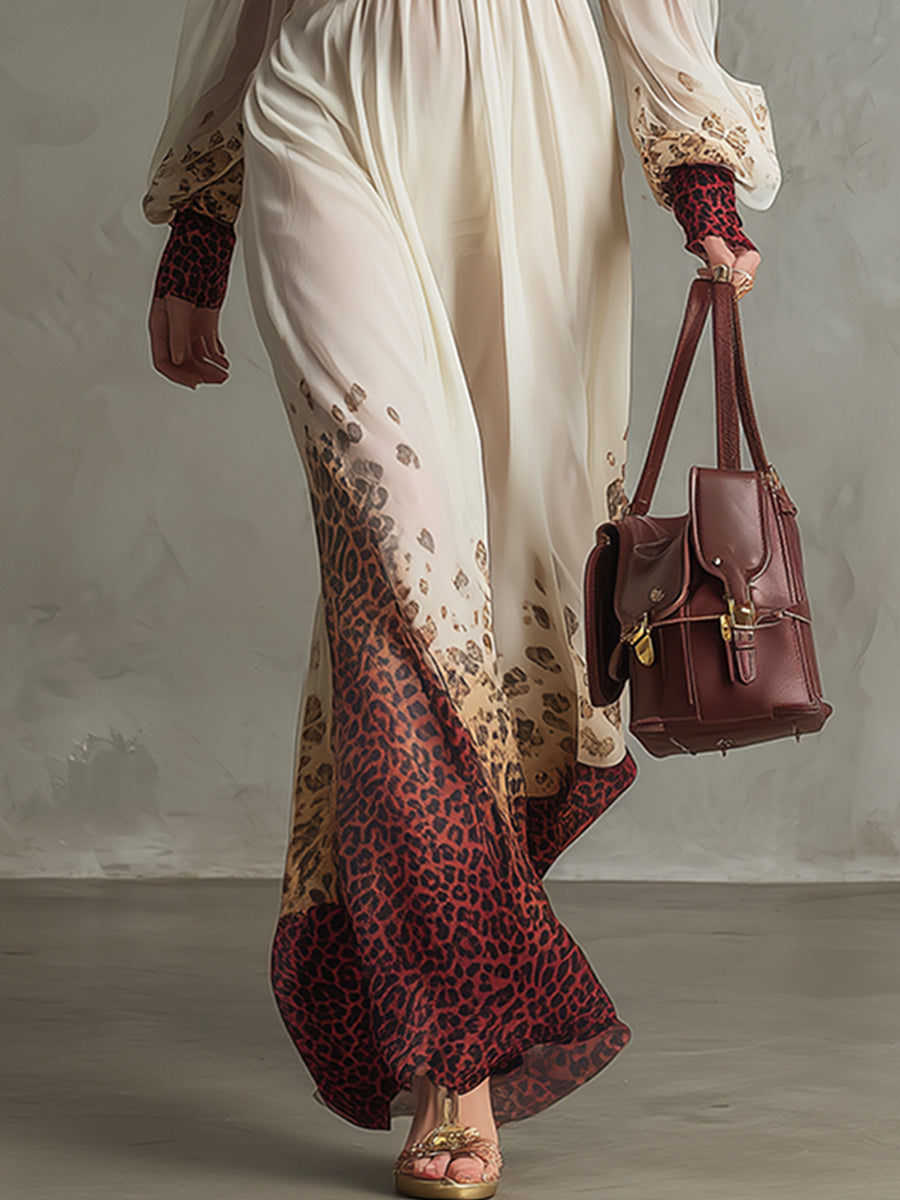 Elegant Vacation-style Printed Off-white Chiffon Off-the-shoulder Long-sleeved Maxi Dress - Samberule