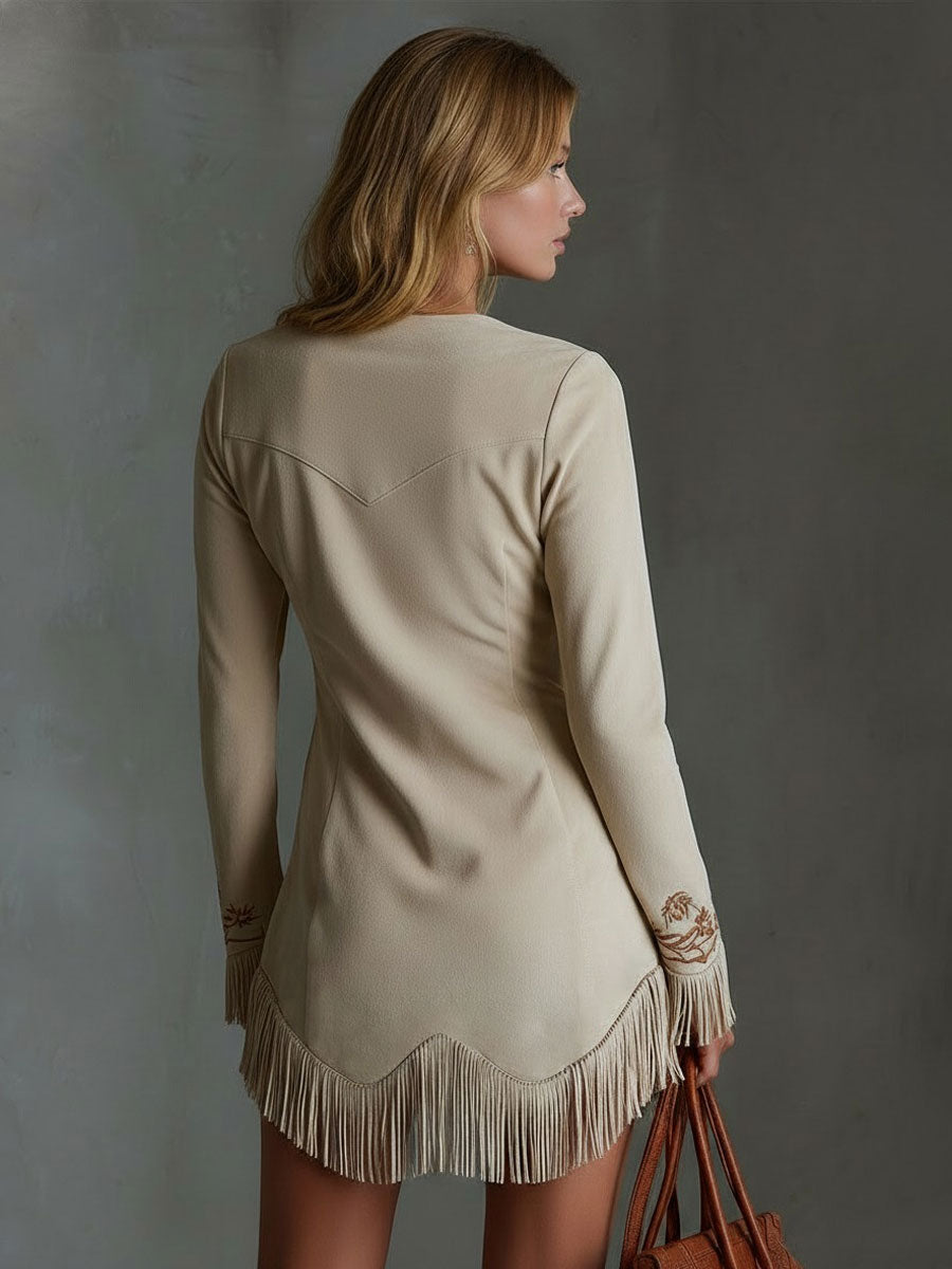 Western-style Tie-up Embroidered Fringed Faux Suede Long-sleeved Mini Dress