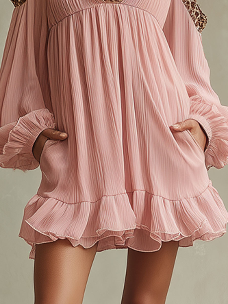 Vintage Leopard Print Pleated Pink Chiffon Openwork Long-sleeved Mini Dress - Samberule