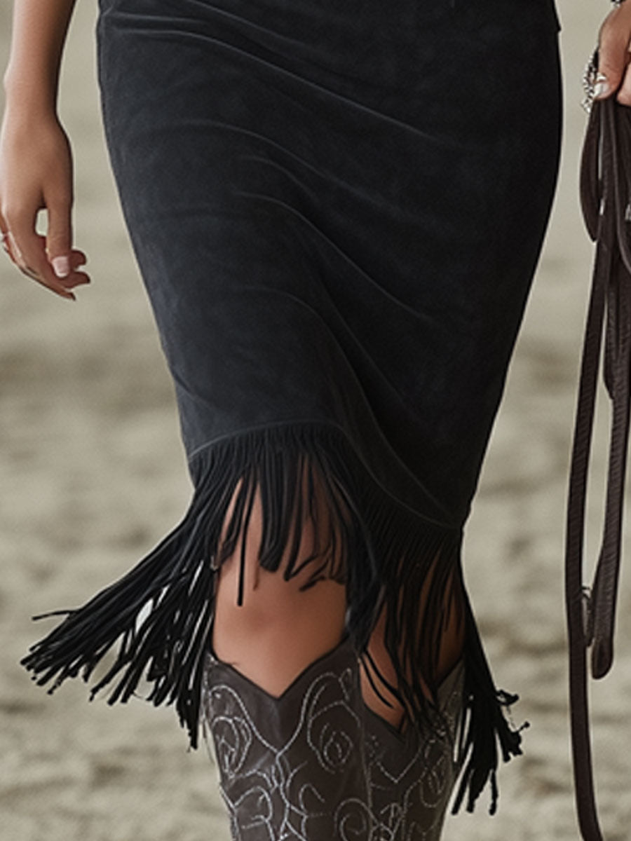 Western-style Retro Floral Embroidered Tassel Black Faux Suede Sleeveless Midi Dress - Samberule