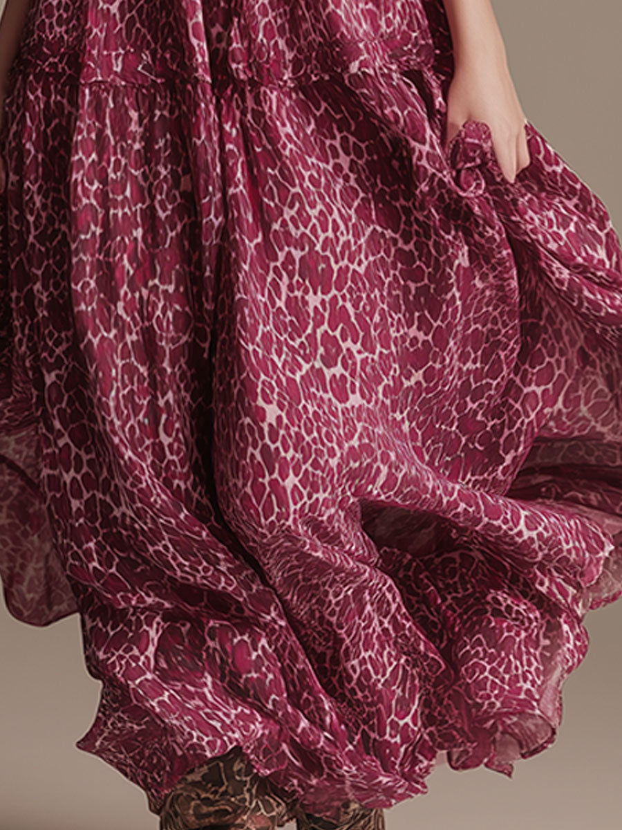 Stylish Retro Pink Leopard Print Strappy Chiffon Maxi Dress - Samberule