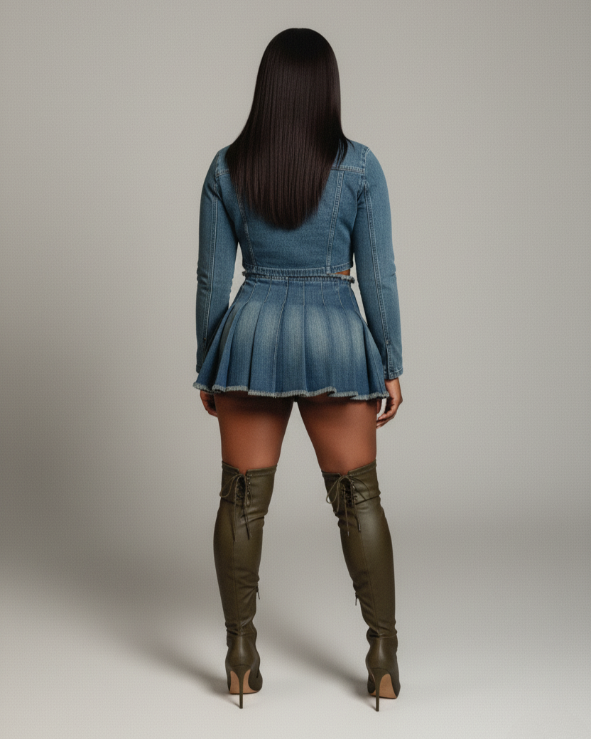 DANIELA Cropped Denim Jacket & Pleated Mini Skirt Set