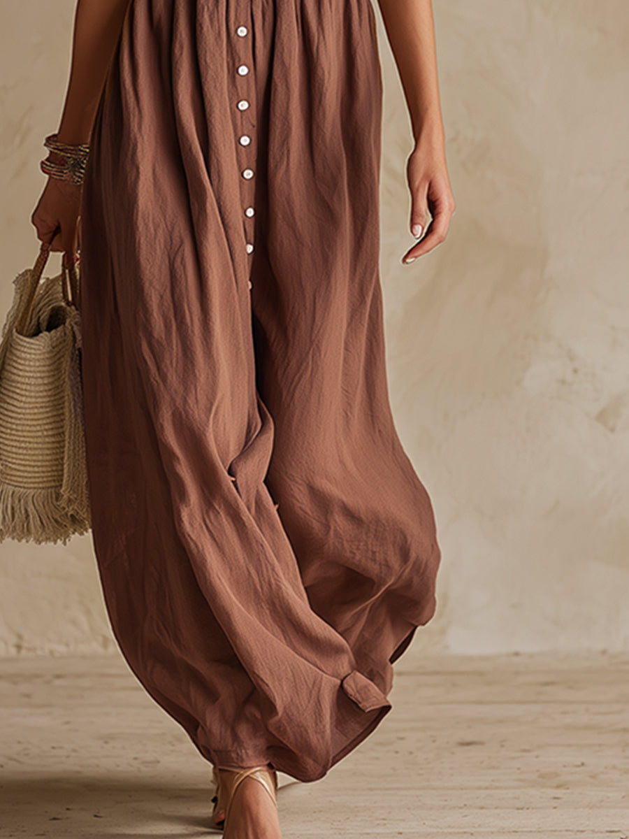 Retro Ethnic Style Embroidered Brown Cotton And Linen Short-sleeved Maxi Dress - Samberule