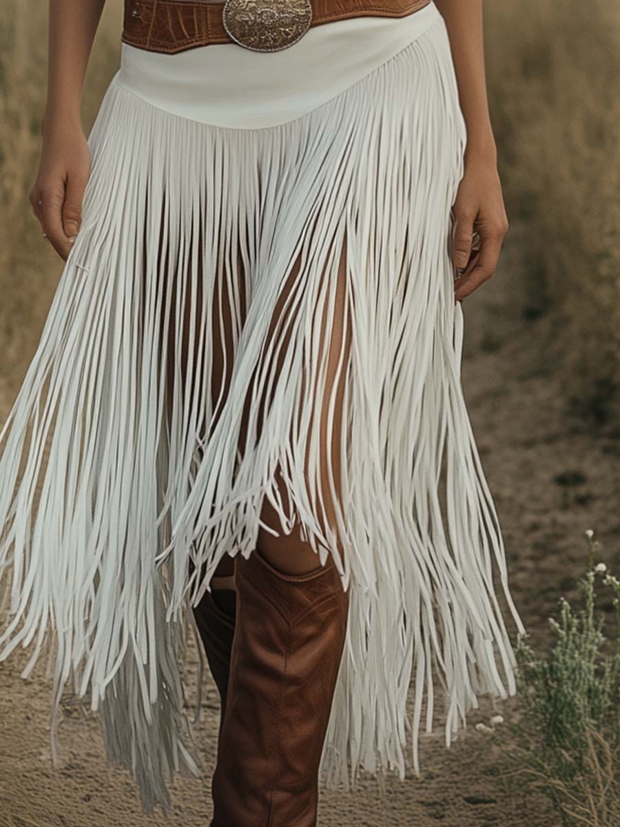 【24-hour shipping out】Retro Premium Western Style Brown Belt White Suede Tassel Skirt - Samberule