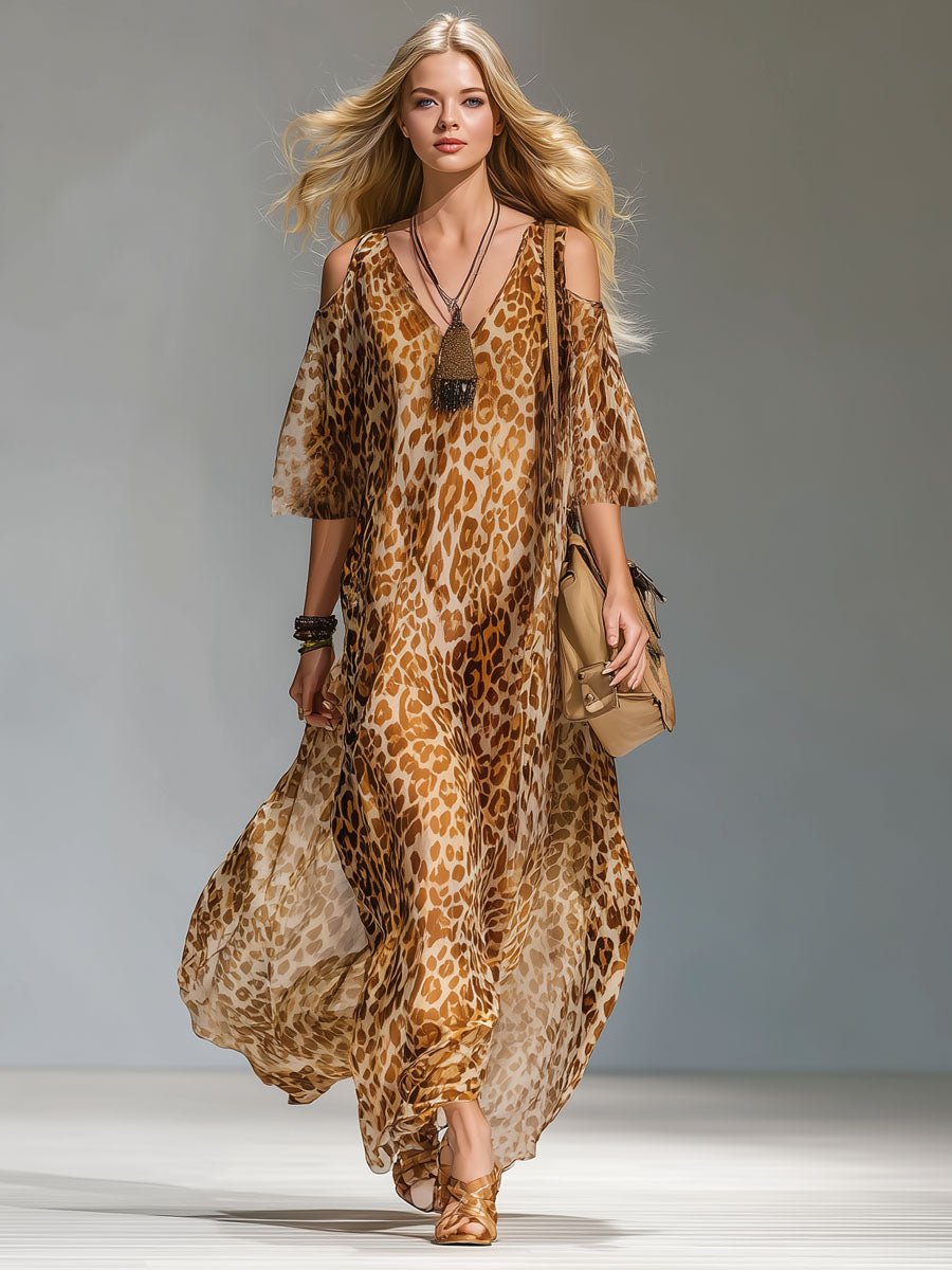 Leopard Print V-neck Cold Shoulder Chiffon Short-sleeved Maxi Dress - Samberule