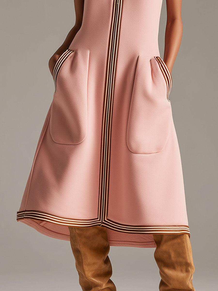 Sporty Retro Striped Ribbed Pink Cotton Blend Sleeveless Midi Dress - Samberule