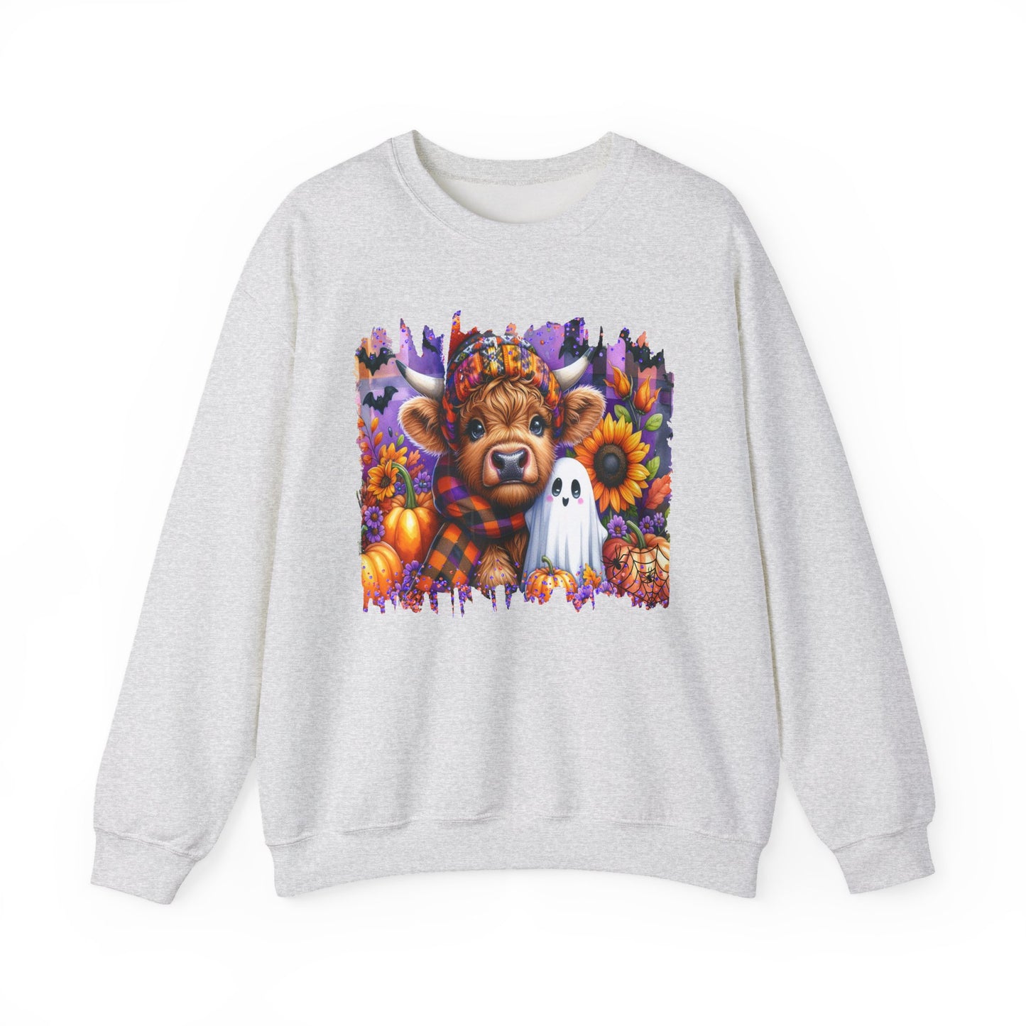 Fall Highland Cow Ghost Halloween Crewneck Sweatshirt - Samberule