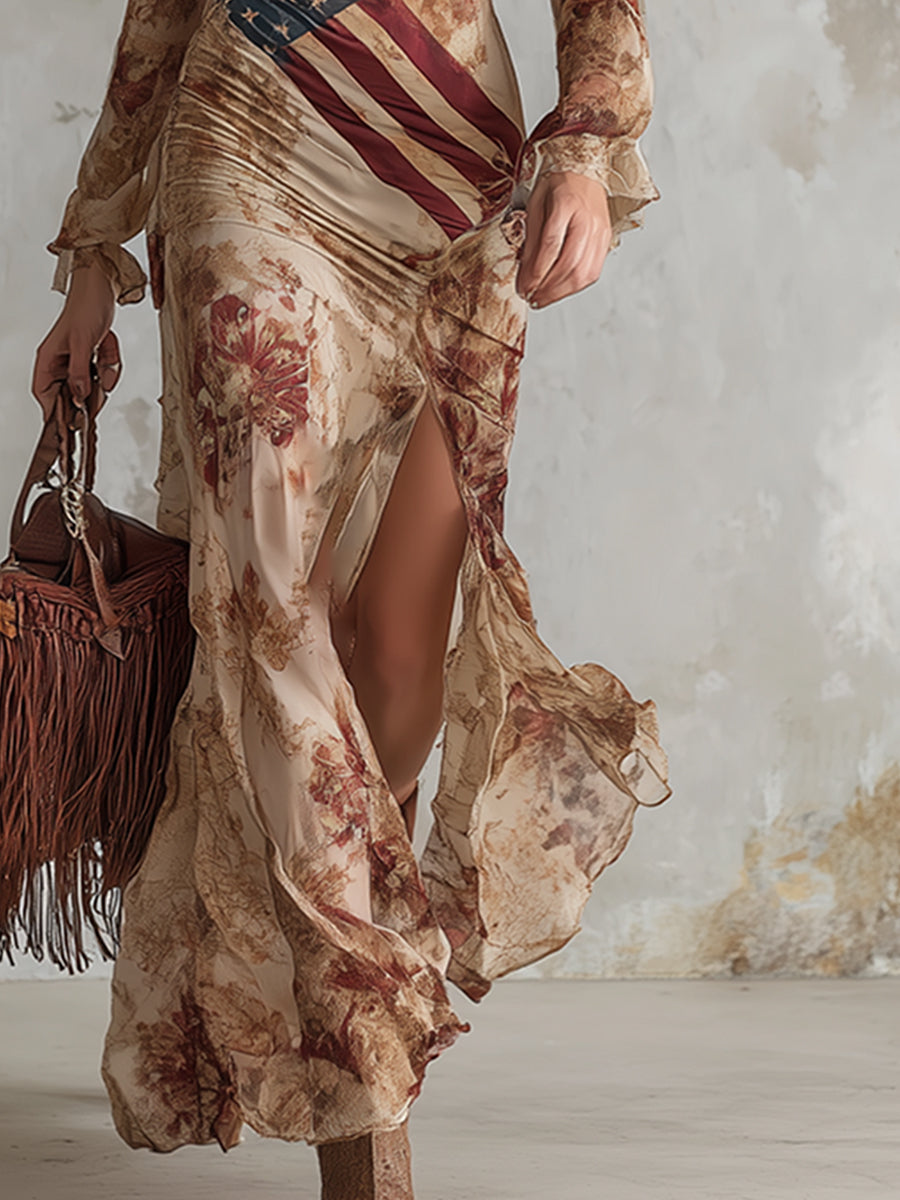 Vintage Bohemian Apricot Floral Print Chiffon Long-sleeved Maxi Dress - Samberule