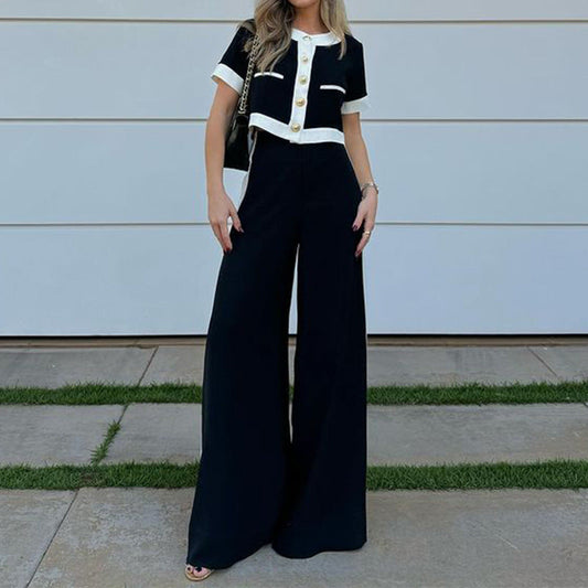 Stylish Casual Short Top & Straight-Leg Pants Two-Piece Set