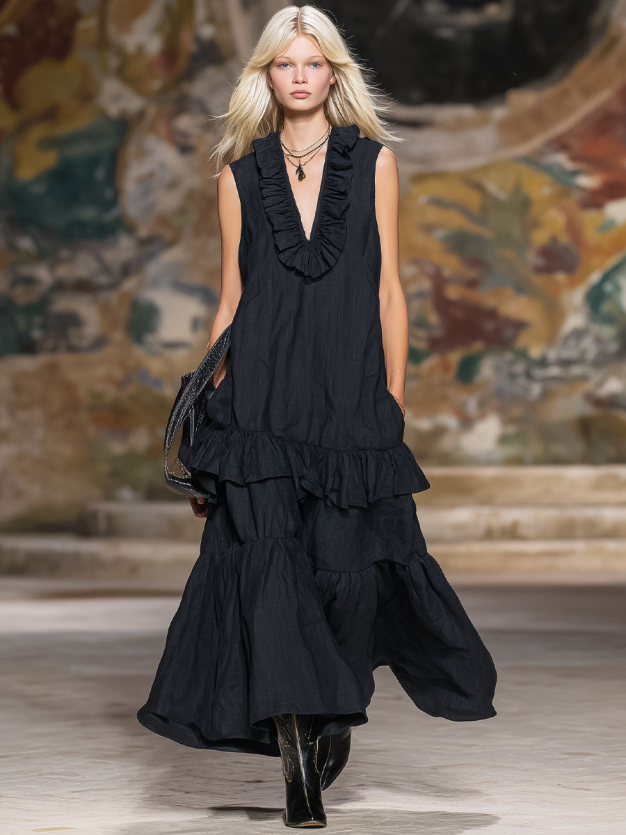 V-neck Ruffled Double-pocket Cotton-linen Sleeveless Maxi Dress - Samberule