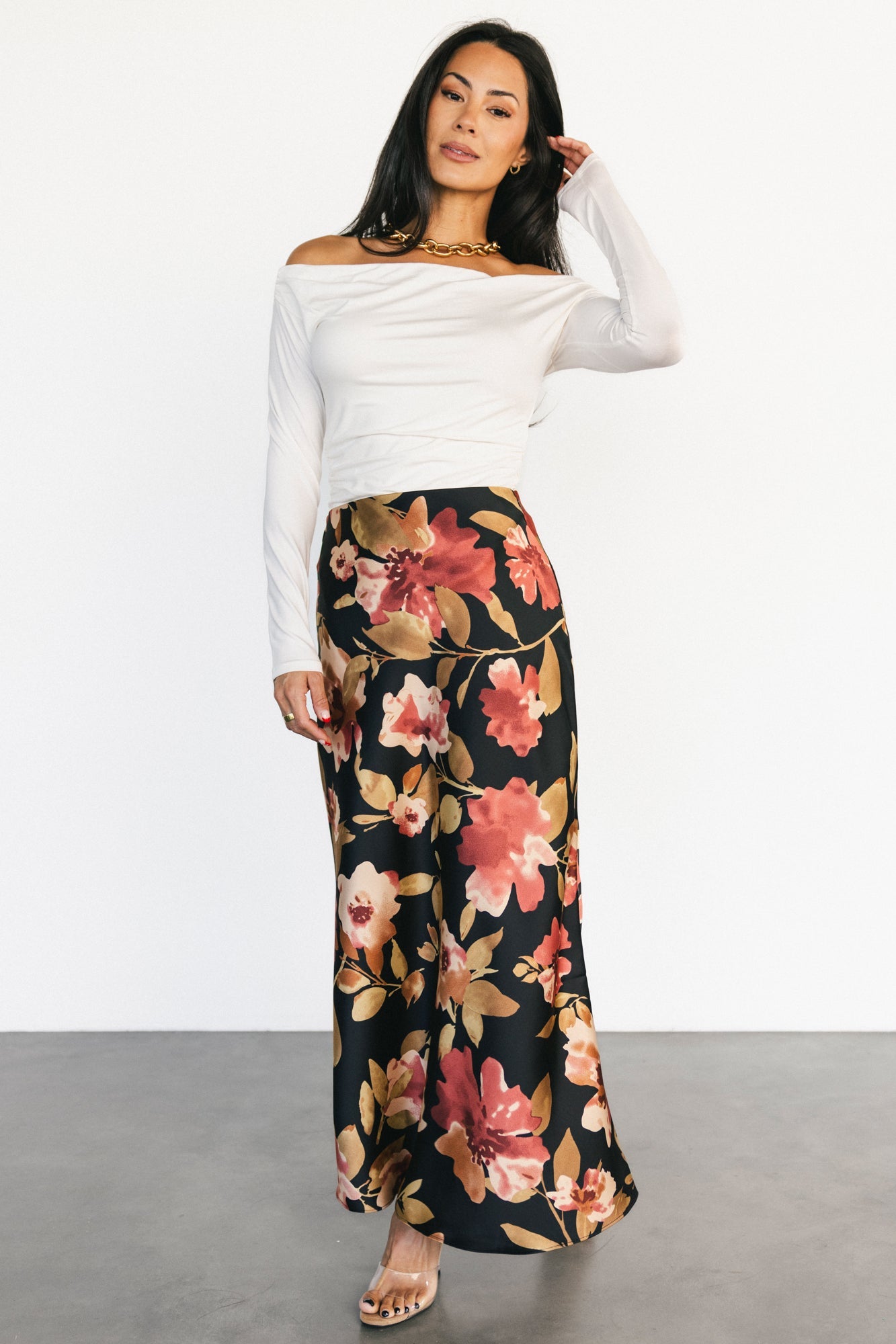 Cosette Satin Midi Skirt | Black Floral