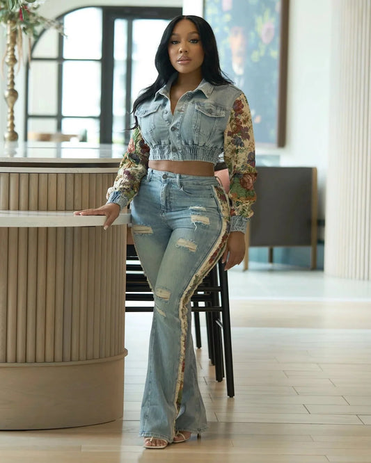 SHAY Denim Tapestry Cropped Jacket & Pant Set