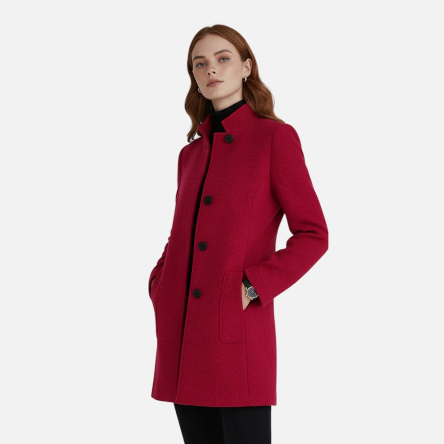 Women’s Wool Blend Coat with Stand Collar and Pockets - Samberule