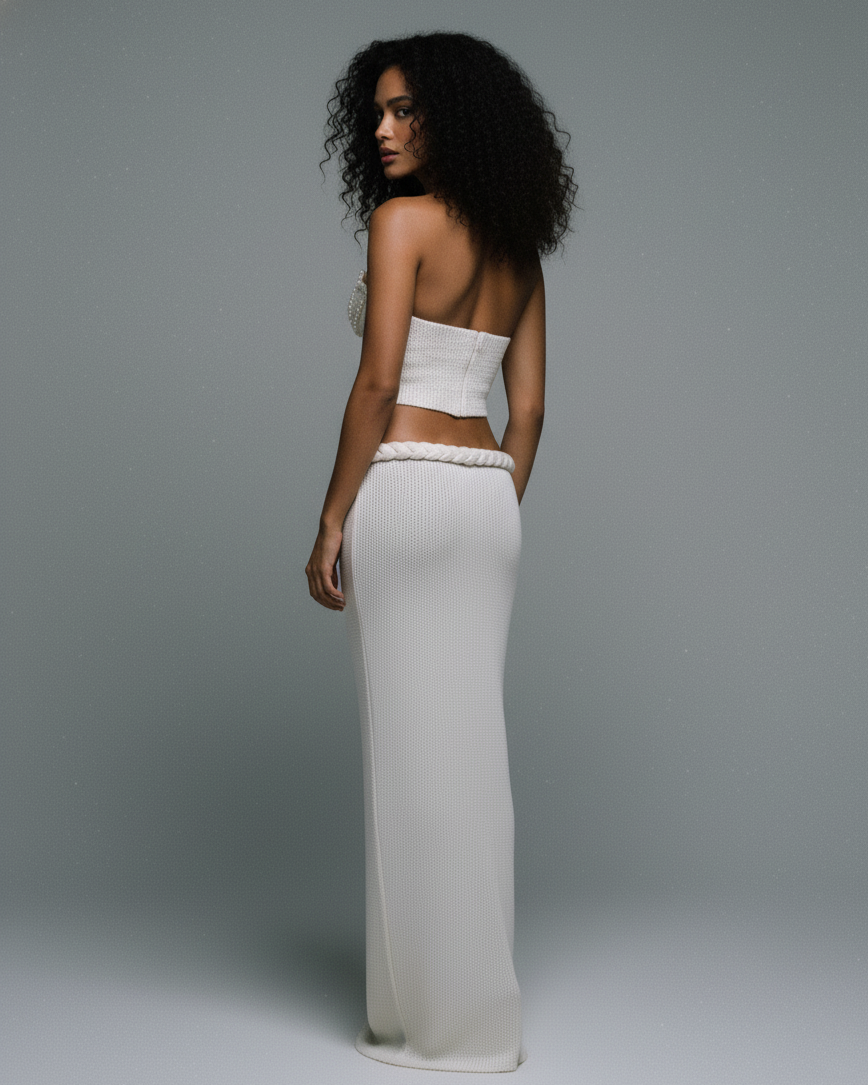 POSIE Crochet Pearl Detail Strapless Top & Maxi Skirt Set