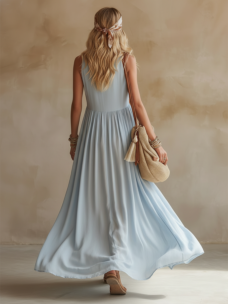 Bohemian-style Exquisite Embroidered Light Blue Chiffon Sleeveless Maxi Dress - Samberule