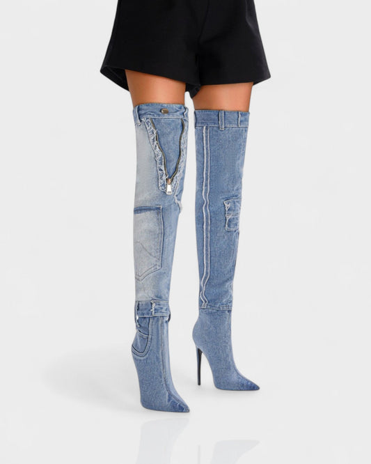 KACY Denim High-Rise Stiletto Boots