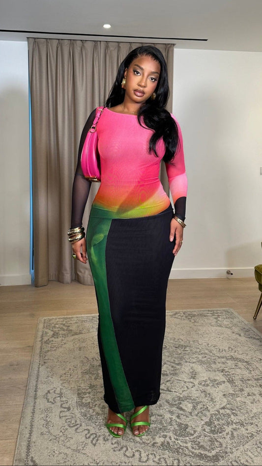 FLEUR Gradient Multi-Color Long Sleeve Maxi Dress